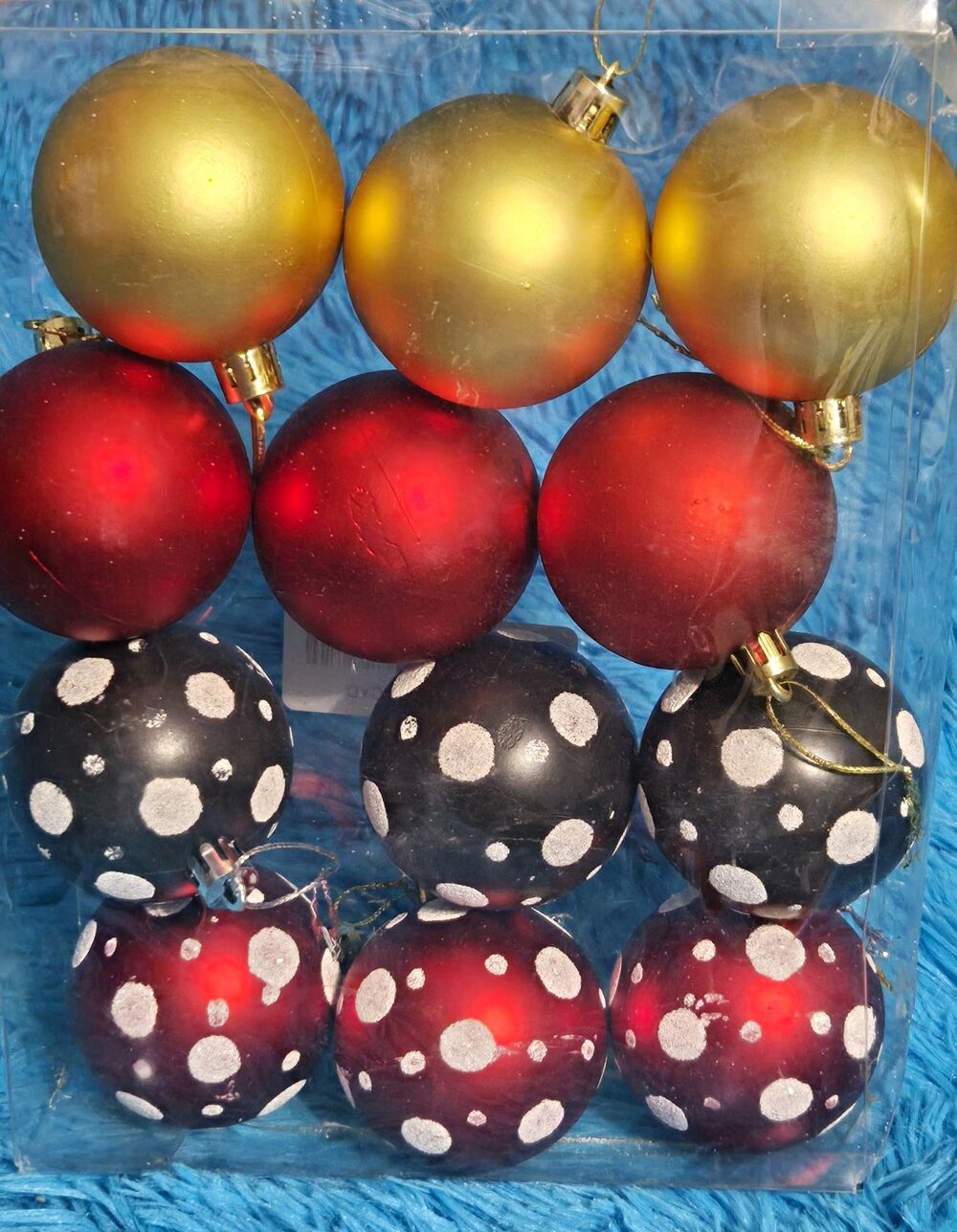 12-Pack Christmas Round 2" Plastic Ball Ornaments Red Gold Polka Dot Plastic Set